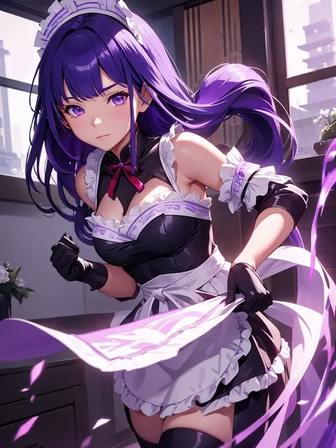 (raiden shogun), 1girl, as a maid, wearing a maid outfit, at a home, purple colour hair, 8k, high detailed, high quality