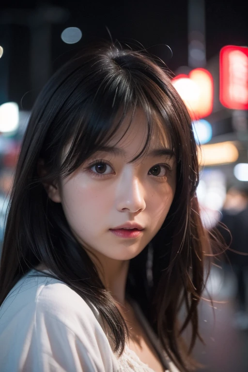 1girl, tokyo street,night, cityscape,city lights, upper body,close-up, 8k, raw photo, best quality, masterpiece,realistic, photo...