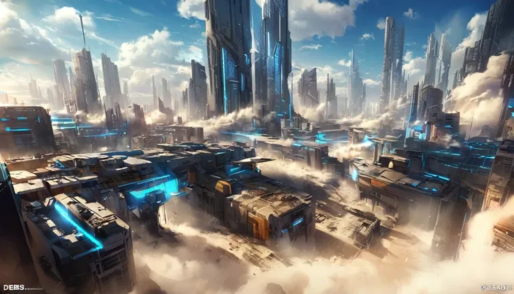 scenery of a ruined cyberpunk city, derbis and clouds of dust everywhere, blue hue, sci-fi