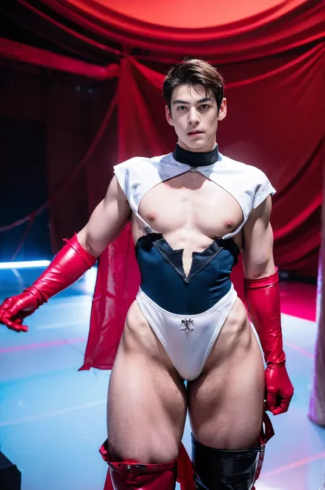 (realistic,hyper-detailed,8k,DC comic superhero,Captain Atom,captainatom), (silver leotard,silverleotard), (red gloves,redgloves), (red boots,redboots) , unrealistic wide hips , unrealistic wide hips , plump hips , snatched waist , stiff nipples , pectoral...