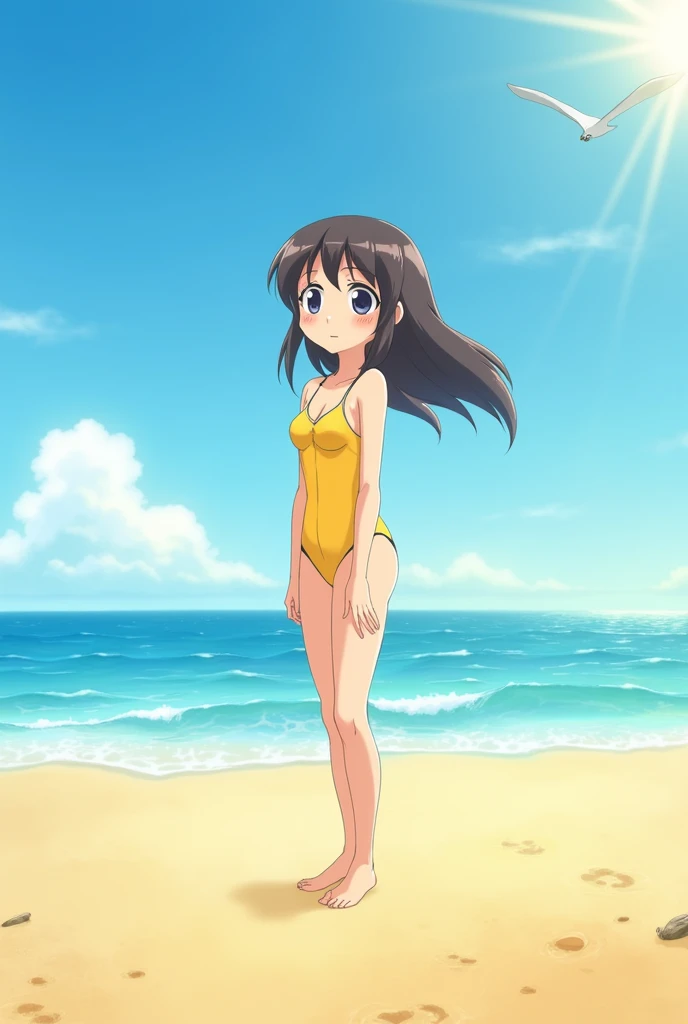 Kaorin from  azumanga daioh in the beach with a little small swimsuit