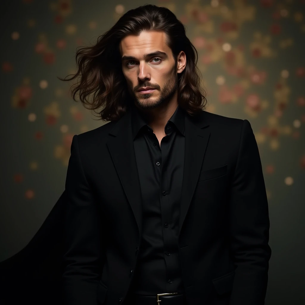 imagine a perfectly attractive 40 year old man. with a hypnotic beauty. Nordic man with flowing hair on his shoulder in an elegant black outfit in an enchanted atmosphere setting