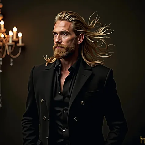 imagine a perfectly attractive 40 year old man. with a hypnotic beauty. Nordic man with flowing hair on his shoulder in an elegant black outfit in an enchanted atmosphere setting