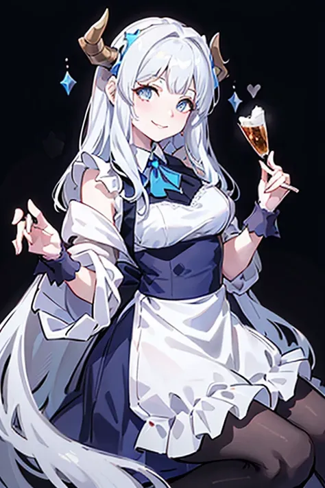 portrait, maid costume，white apron， white demon horns，white hair，blue eyes，smile，long hair，black，half body，fingers without defec...