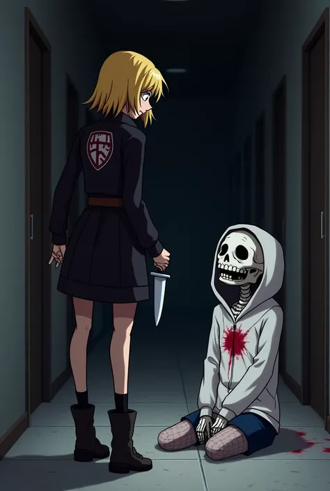 Chara standing with knife in front of Sans who is sitting on the ground with wound on chest, wearing his usual hoodie and shorts and looking at Chara in hall, Undertale game characters in anime style, the view is from Chara’s back.