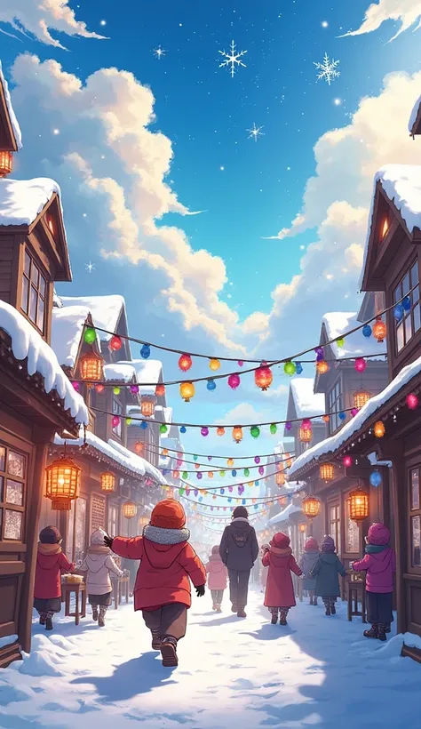 Envision a lively anime village during a winter festival, where snowflakes glisten under a sky filled with dramatic clouds. The vibrant sunlight creates a warm, inviting glow, enhancing the colorful decorations and joyful expressions of the characters, cap...