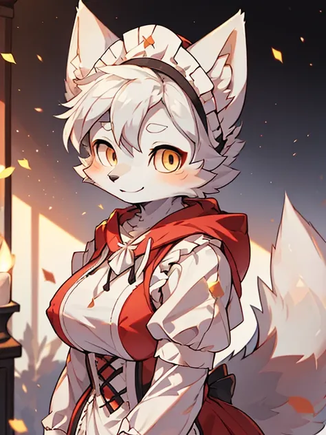 (best picture quality),(masterpiece),(((the only person))),(Super detailed),(Female arctic fox:1.5), (white skin:1.3), hairy，(white fur:1.3),((golden pupils)) ,(gray ears),(hairy animal ears)，((Wearing white maid outfit)，maid，Breasts bulge slightly，Smile，n...