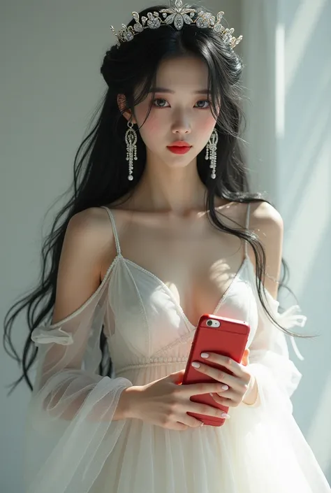 "A beautiful femina girl stands gracefully in a flowing fully covered white net gown, adorned with a delicate small white stone crown perched on her head. Left hand holds a red color phone near her chest area showing backside of phone and right hand toward...