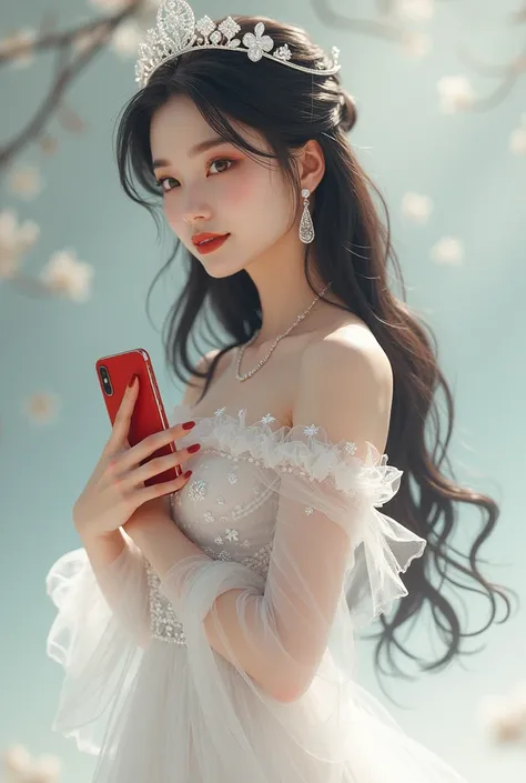 "A beautiful femina girl stands gracefully in a flowing fully covered white net gown, dress covered from neck
 adorned with a delicate small white stone crown perched on her head. Left hand holds a red color phone near her chest area showing backside of ph...