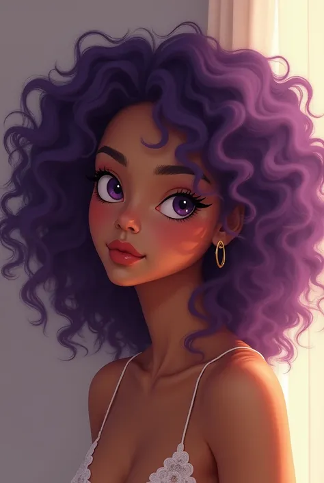 young brown woman, lowrise, slim, purple curly hair