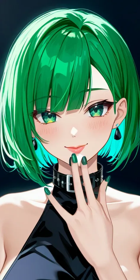 (((Green hair))), (((bob hair cut))), ((black collar))),(((green eyes))), ((Highest quality、(((black nail polish))), masterpiece、anime style、best quality、high resolution、8k、detailed、ultra-detailed:1.3))、Long legs、Sharp focus:1.2, Beautiful woman with perfe...