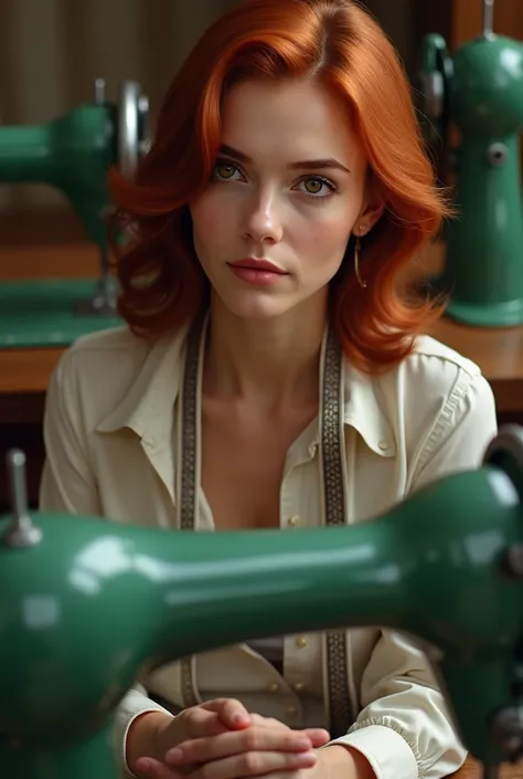  An image of a woman with medium red hair and brown skin sitting with brown eyes, next to green sewing machines with a tape measure hanging around his neck but 1