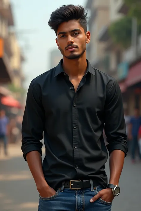 21 year old India boy black colour shirt and Blue colour jeans from city