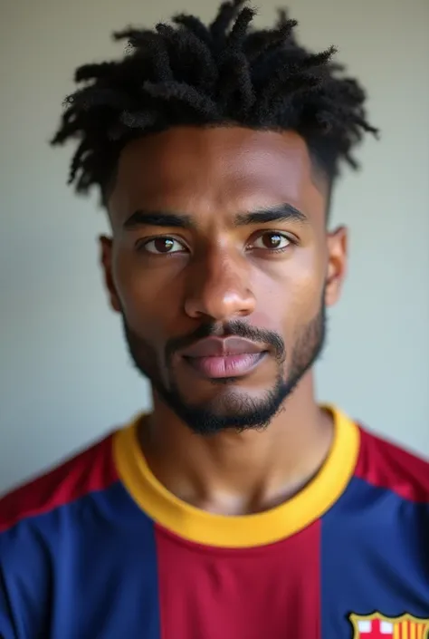 tall young man, black  curlyhair, goatee, barcelona shirt, large nose