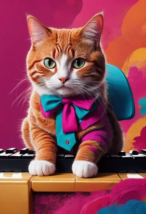 1cat, Meme, Keyboard Cat, cute cat, cartoon cat, funny cat, cat playing keyboard, colorful background, digital art, vector illustration, vibrant colors, bold colors, whimsical, humorous, meme style, internet culture, pop art, (4k,8k,highres:1.2), ultra-det...