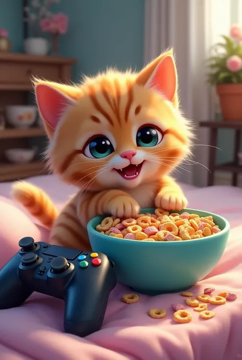 Baby cat playing fortnite and eating cereal
