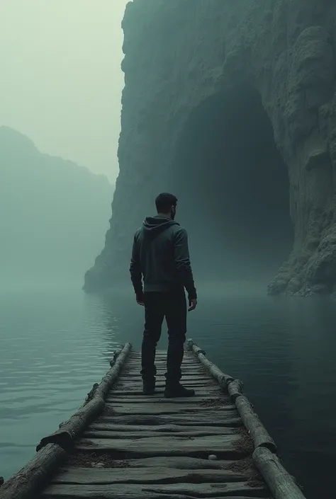 A man on a dock looking towards a distant cave 

