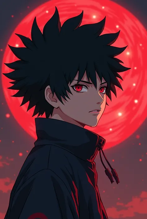 A boy around 17, with black curly hair, with sharingan in the naruto universe with a susanoo