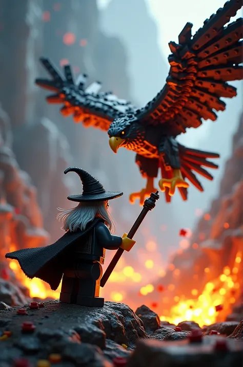 gandalf fights on eagle against balrog in lego style