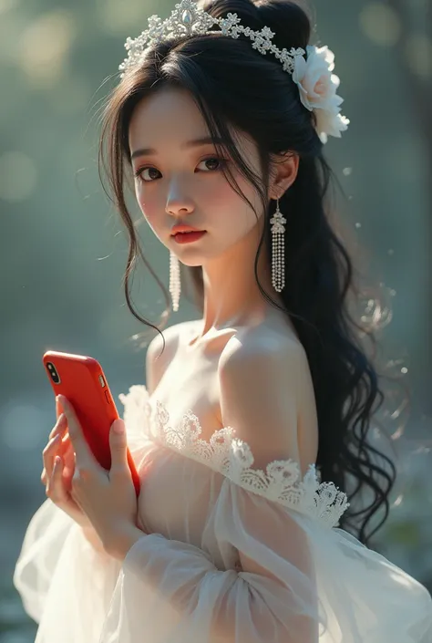 "A beautiful femina girl stands gracefully in a flowing fully covered white net gown, dress covered from neck adorned with a delicate small white stone crown perched on her head. Left hand holds a red color phone near her chest area showing backside of pho...