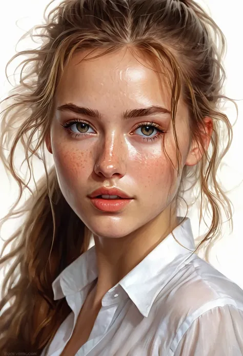 closeup of a Breathtaking hot Russian school girl wearing a unbuttoned tight white shirt with long dynamic hair in a messy ponytail , tan honey skin, perfect skin, black eyeliner , long eyelashes, soft skin, slight freckles, defined cheek bones, high cheek...