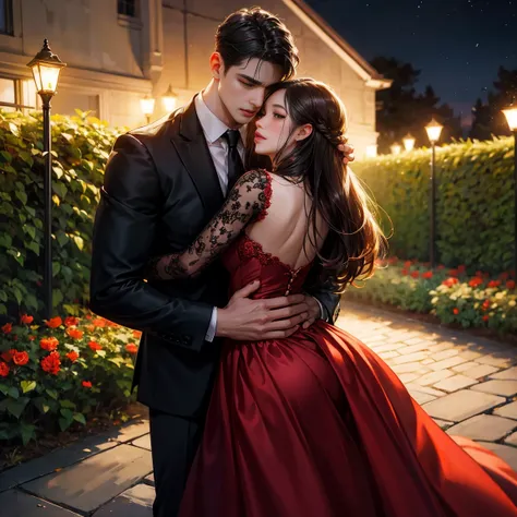 Night Flower Garden,A woman in a red evening dress，Long, straight, dark brown hair. ,Couple hugging from behind，Short black hair for，handsome，A young woman with long, wavy black hair，black dress,footpath ,The lights are dim.,Half body 4k,35 year old man ,S...