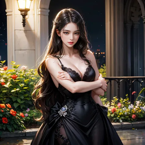 Night Flower Garden,A woman in a black evening dress，Long, straight, dark brown hair. ,Couple hugging from behind，Short black hair for，handsome，A young woman with long, wavy black hair，black dress,footpath ,The lights are dim.,Half body 4k,35 year old man ...