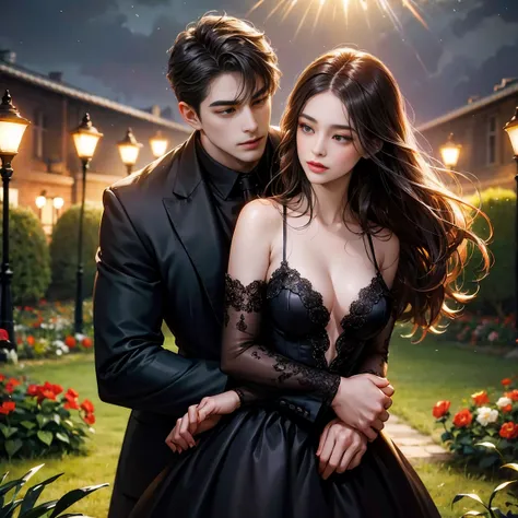 Night Flower Garden,Women in evening dresses，Long, straight, dark brown hair. ,Couple hugging from behind，Short black hair for，handsome，A young woman with long, wavy black hair，black dress,footpath ,The lights are dim.,Half body 4k,35 year old man ,Strong,...