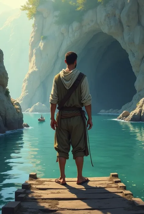 A man from a dock looking towards a distant cave. The man is dressed as a peasant and the cave is further away. Only the upper torso of the man can be seen and it is less realistic.


