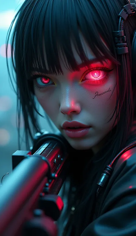 (ohwx woman), (best quality,8K,highres,masterpiece:1.2), ultra-detailed, realistic, photorealistic:1.37, full body shot, cyberpunk woman sniper, cyberbody, cablelink from one cybernetic eye is connected to sniper rifle, realistic full body shot, dynamic, e...