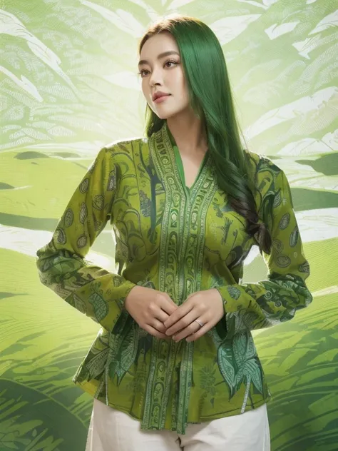 (masterpiece), (best quality), (digital painting), wide shot angle, 1 beautiful woman, thick eyebrows, curled eyelashes, facial details, long hair, Huge breasts, ((green batik shirt, cloth_pattern)), green repeating pattern design, green wear , hips, backg...