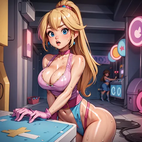 mixed_art style, Cleavage, sweaty, big breasts, Game girl, pixelated, inside a game, arcade, colorful pixelated clothes, square sword