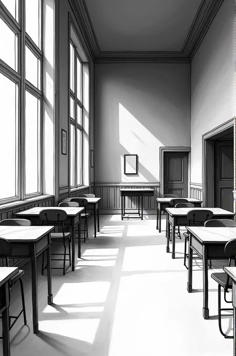 Classroom with windows black and white drawing 