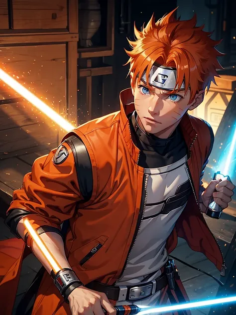 A young man (17 years) redhead with blue eyes, three whisker marks on his cheeks and tanned skin (redhead naruto), This guy has to have jedi attire and an orange lightsaber