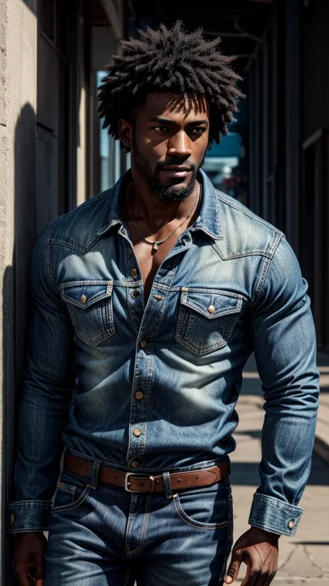 (Best Quality:1.1),original, 1 man,  A handsome dark-skinned man., African American man with natural hair, short hair, Haircut, ebony nose, wide shoulders, high, masculino with Hollywood beard , dressed in blue urban clothing and denim jeans, Cartoon，anime...