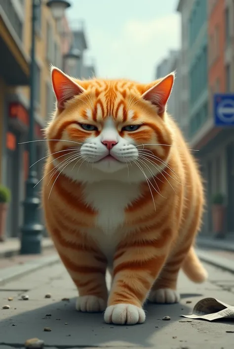 Fat orange cat walking on the street crying because he was rejected


