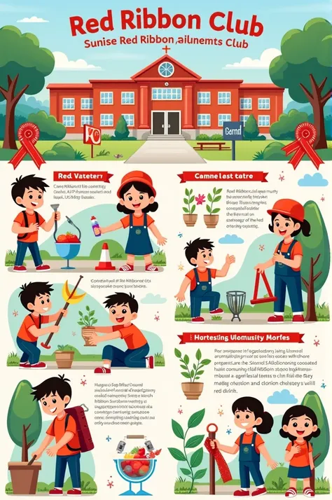 A poster depicting the works done by red ribbon club, for school students, cartoon, blood donations, rescue activities, trees planting, campus cleaning
