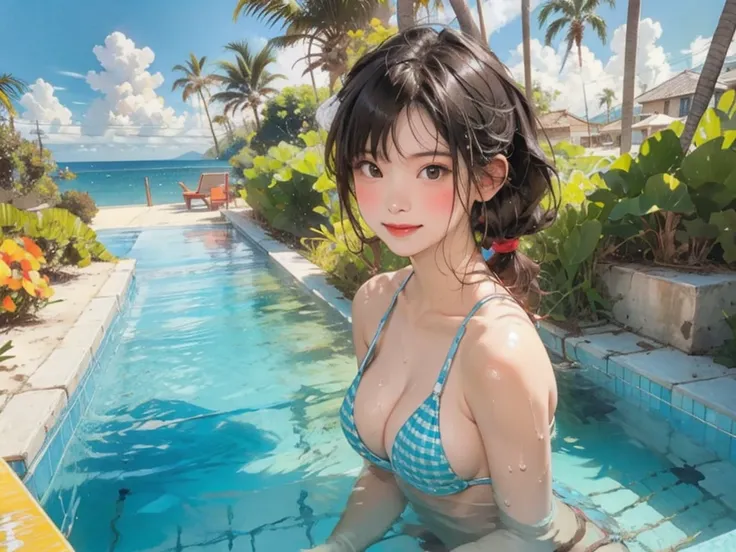 ((highest quality, masterpiece, High resolution)), ((reality)),Photos of beautiful Japanese women,((anime art))、 (((1 girl))), normal size breasts, slim body shape, long ponytail,double eyelid, Wet see-through micro bikini, A pareo with bold ethnic pattern...