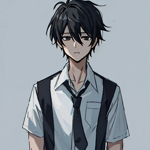 Best emotions drawing, 1boy, black eyes, dark circle eyes, black hair, hair between eyes, short hair, only long white shirt, solo, male focus, anime, simple style, delirium, NSFW, no sex.