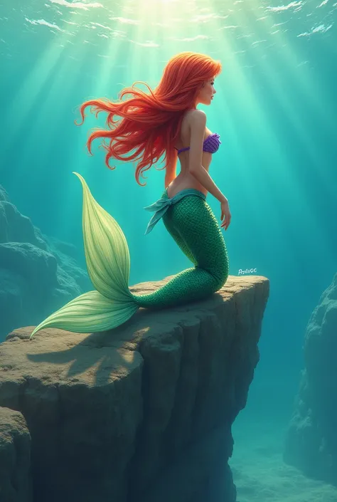 Draw a mermaid in a purple bikini with a green tail and red hair (or reds) on top of a rock in the open sea in animation