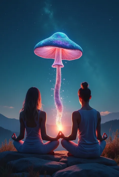 I would like a couple in a yoga suit in a state of meditation. A subtle light comes out of their chest, drawing the shape of the Kundalini energy forming a mushroom on the chest., behind a landscape that is very calm, natural and with stars.  In the corner...