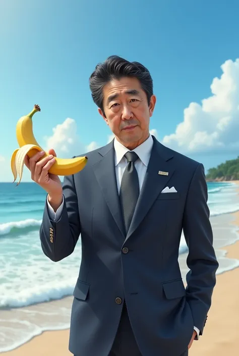 Shinzo Abe holding a banana in his right hand on the beach