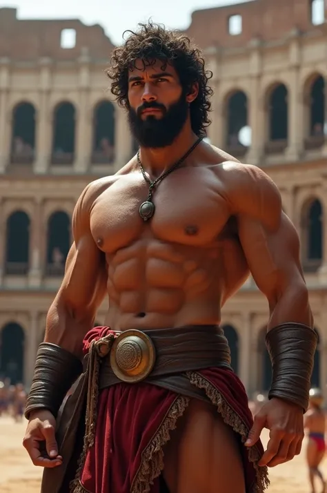 Herculean Gladiator, bare chest, lower body revealed from thighs to feet, long cascading curls, Meticulous muscle definition, Photorealistic rendering, 4K quality. bottom: Colosseum in ancient Rome,32k UHD, The best quality, masterpiece, super detail, High...