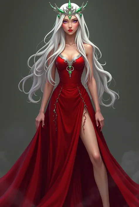 A woman with white hair and purple eyes dressed in a long red dress with slits at the edges of the legs and a silver crown with green sparkles 