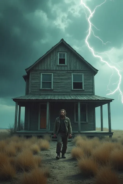 First house,beard,man,Stand alone.,Amidst the storm