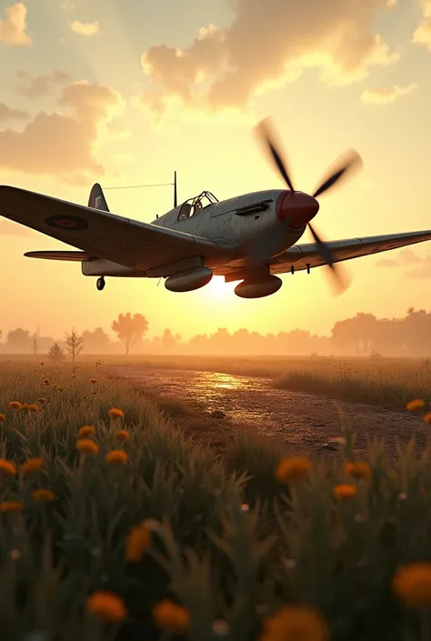 The damaged Spitfire, with bullet holes in the wings, approaches a makeshift runway in the middle of an open field. The plane is just a few meters above the ground, in a dangerous landing, as the sun sets in the background, illuminating the scene with a go...