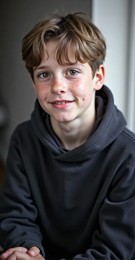 A boy with freckles, very pale skin and red cheeks, with hazel puppy eyes and blond hair