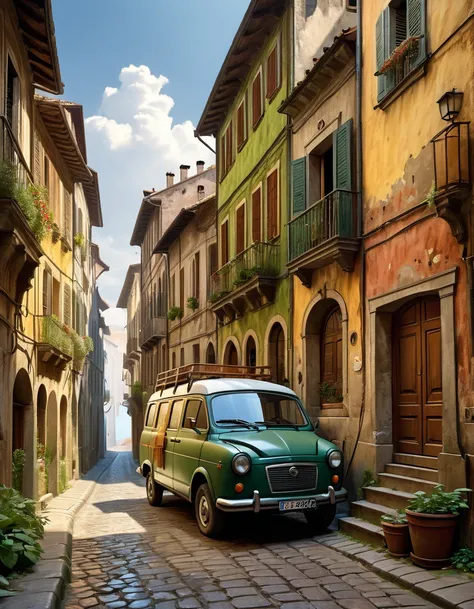 A van is parked on a narrow street, set against old buildings that showcases european architecture, side view image, old walls with worn paint, leaks, earthy colors pattern, hyperrealistic drawing inspiration from Carl Spitzweg and Karl Spitzweg.The compos...