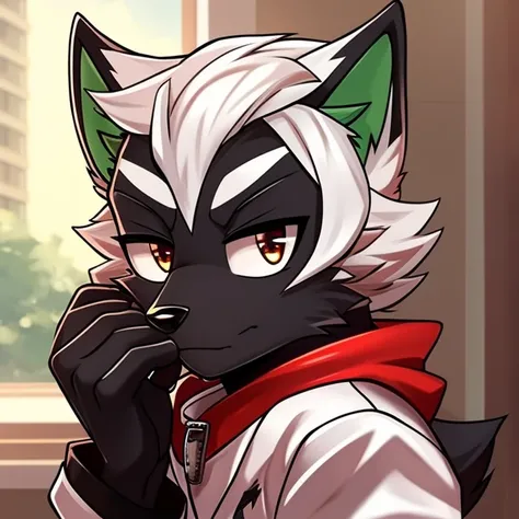  A black furry wolf with green ears and white hair between its ears and on its chin.. His eyebrows are circles and lines under his eyes.. He wears white leather clothes like an anime character. 