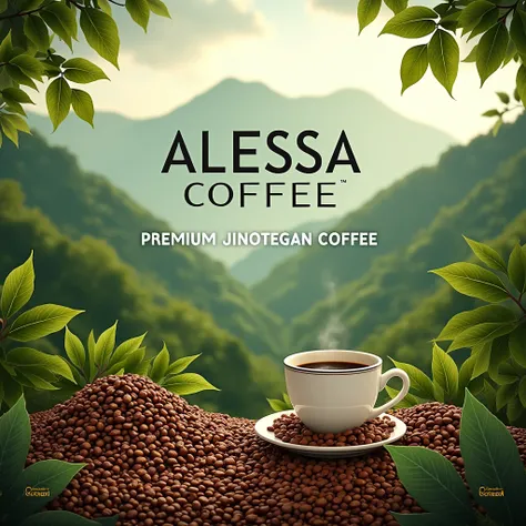 Create ripe coffee beans and roasted coffee surrounded by green mountains and in the middle says: ALESSA COFFEE PREMIUM JINOTEGAN COFFEE
